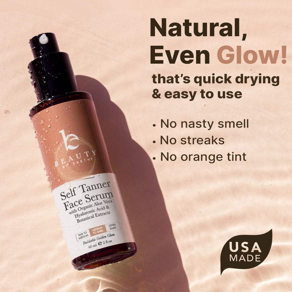 Beauty by Earth Face Tanner Serum swatches Fair to Medium for natural, even tone.