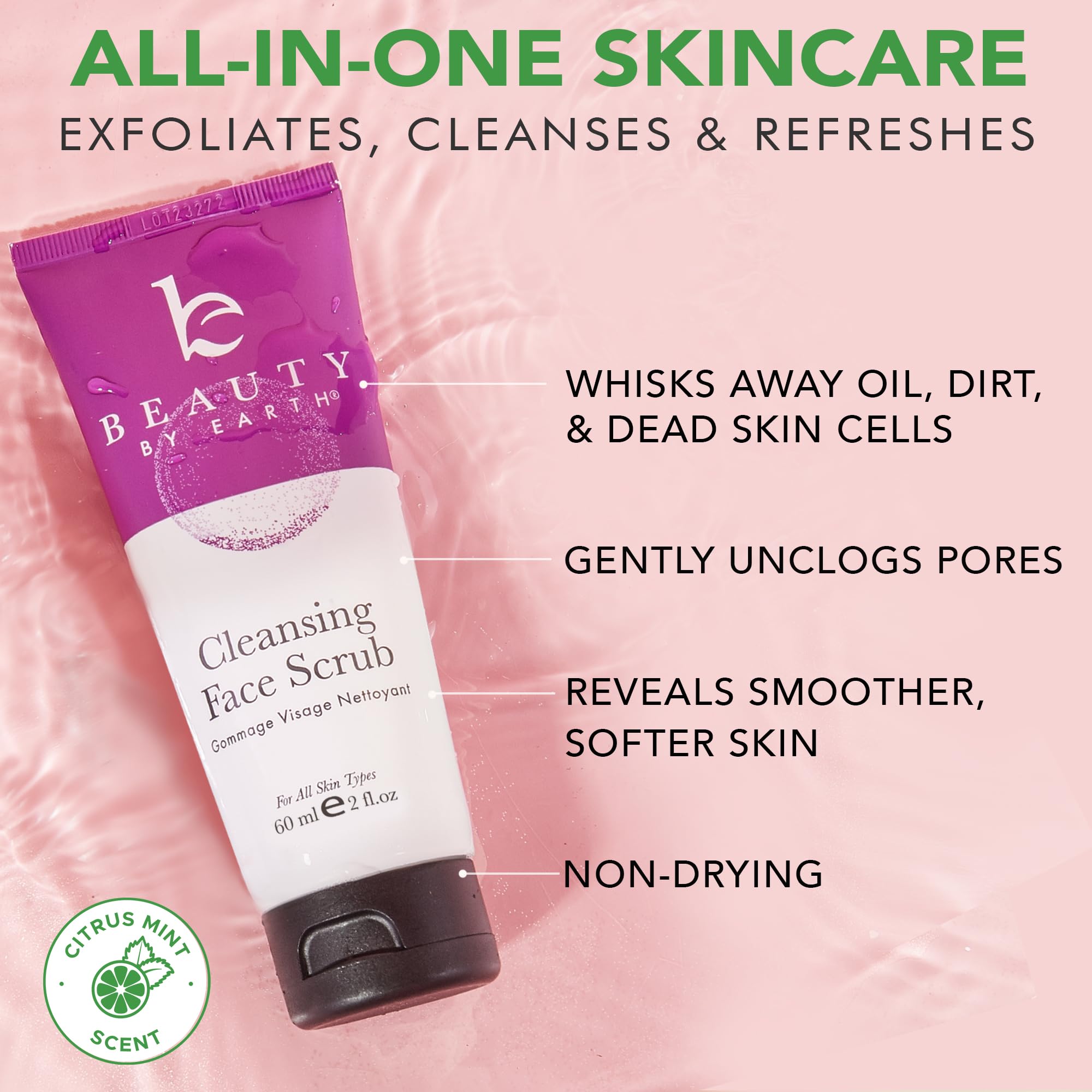 Beauty by Earth facial scrub exfoliator USA-made label emphasizing clean ingredients.