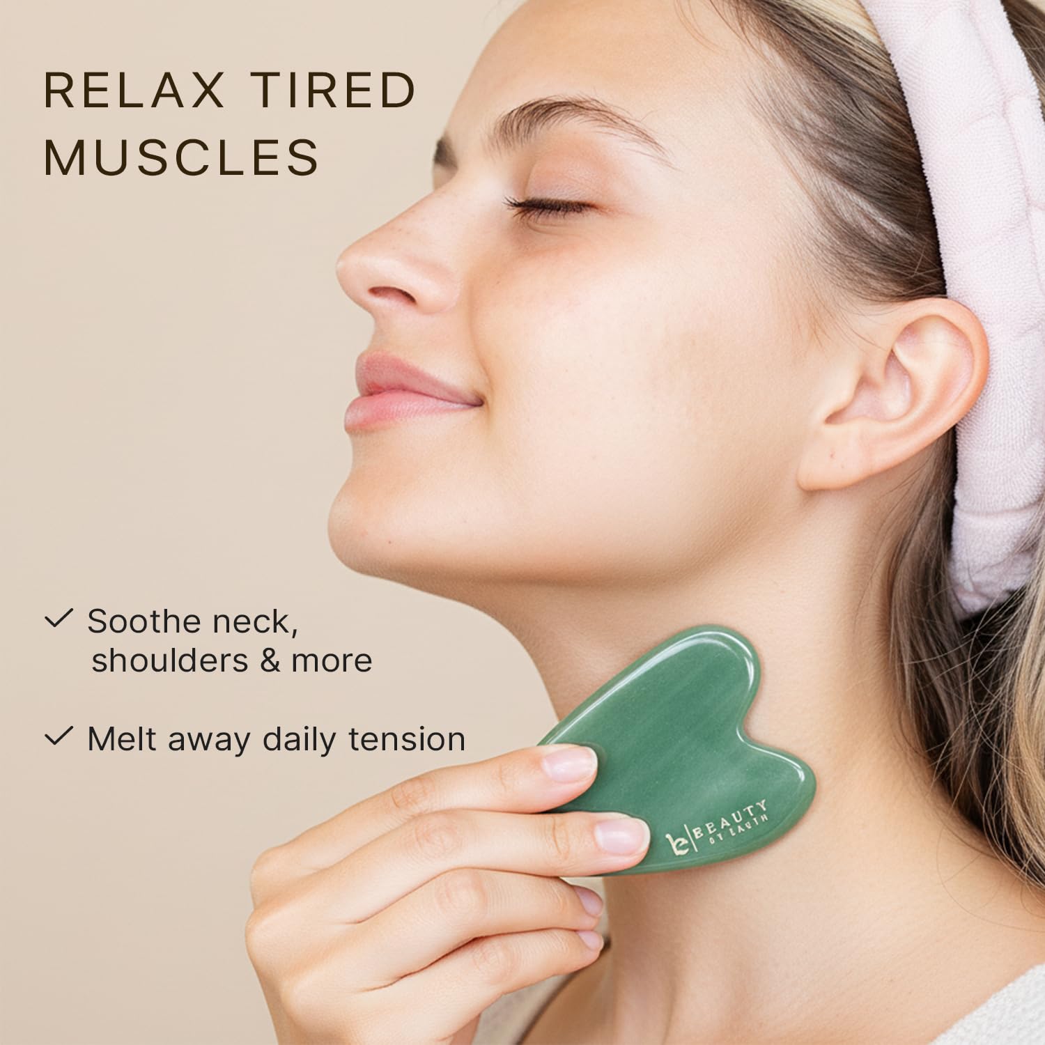 Beauty by Earth Jade Gua Sha body massage tool for tense areas.