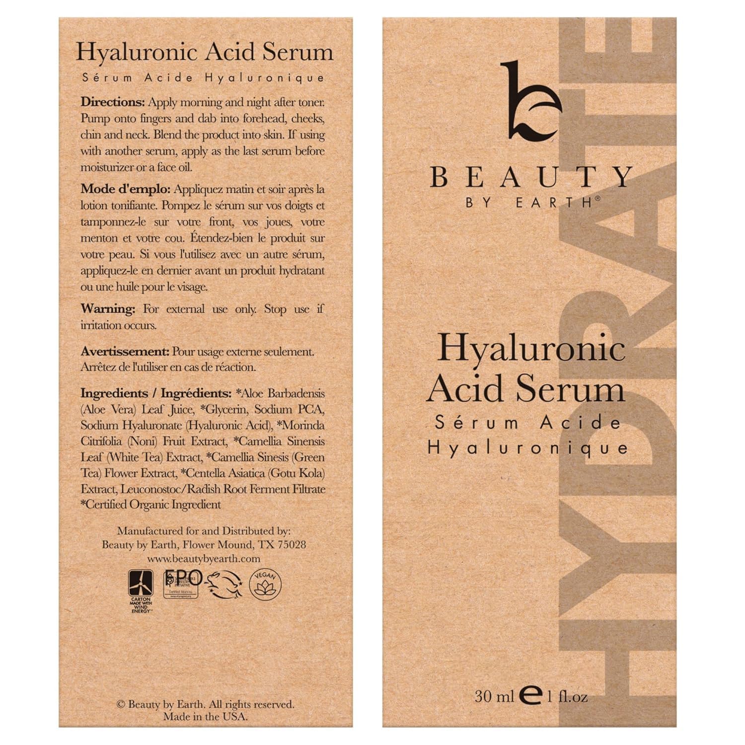 Beauty by Earth Hyaluronic Serum before-after—visible hydration and smoother skin texture.