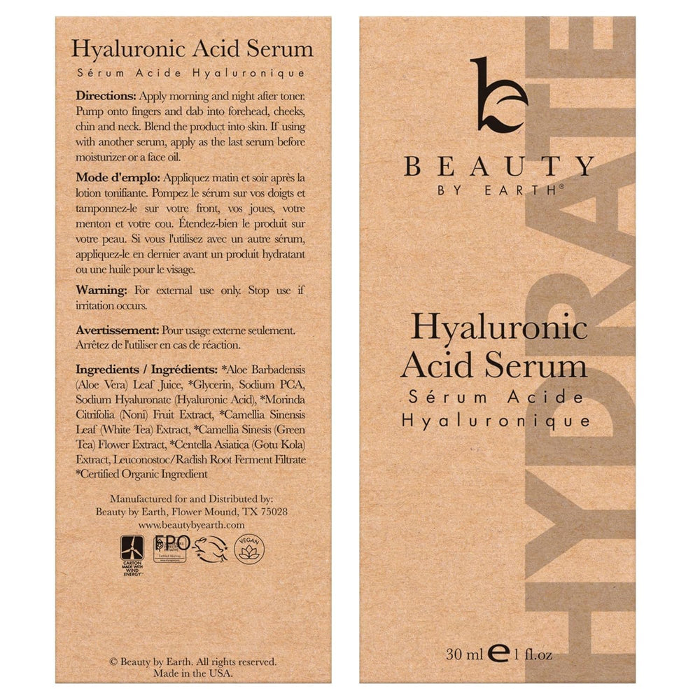Beauty by Earth Hyaluronic Serum before-after—visible hydration and smoother skin texture.