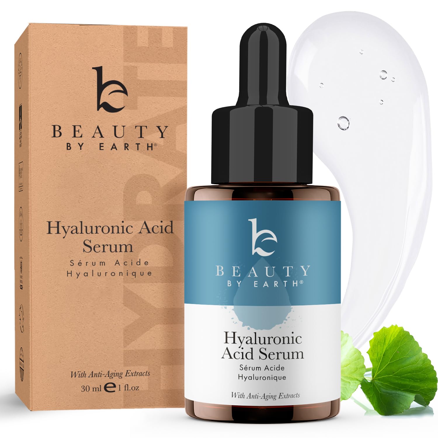 Beauty by Earth Hyaluronic Serum bottle—deep hydration for nourished skin.