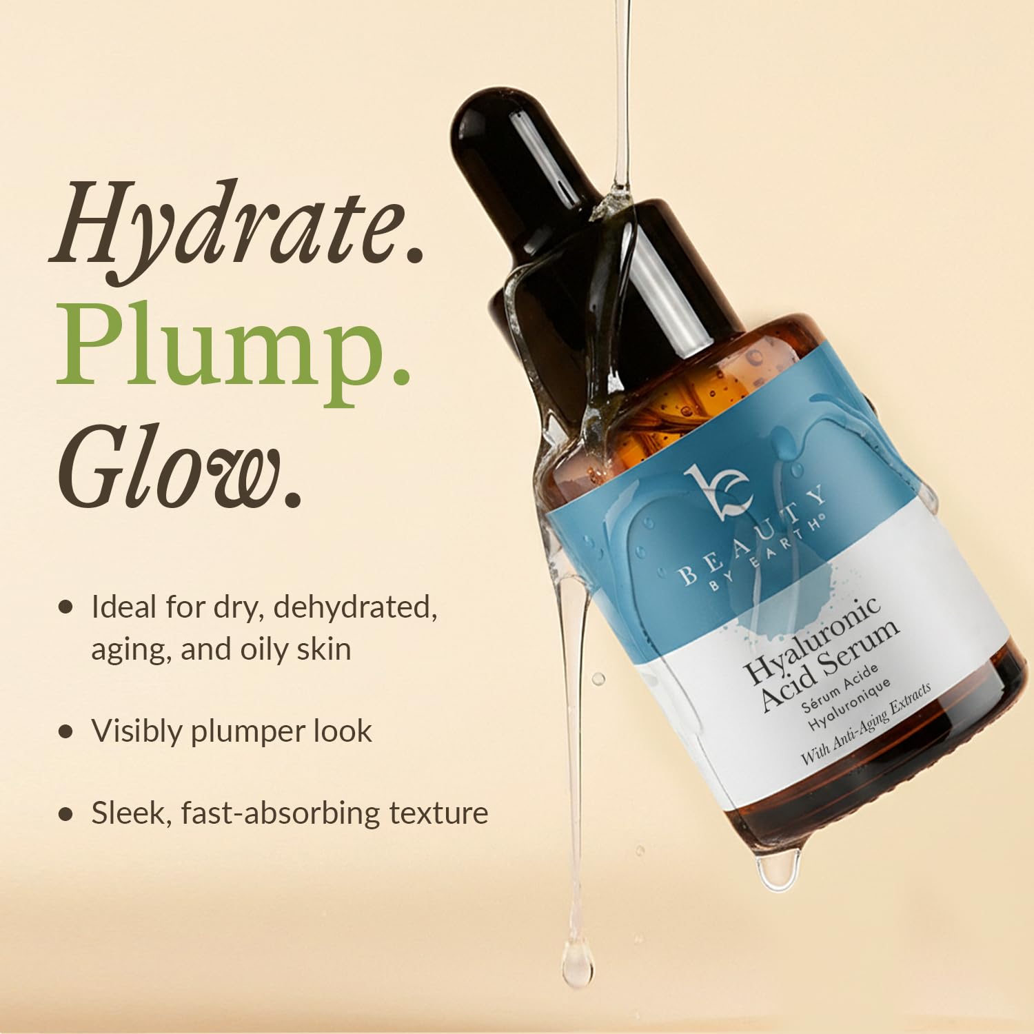 Beauty by Earth Hyaluronic Serum ingredients—organic formula supports healthy, hydrated skin.