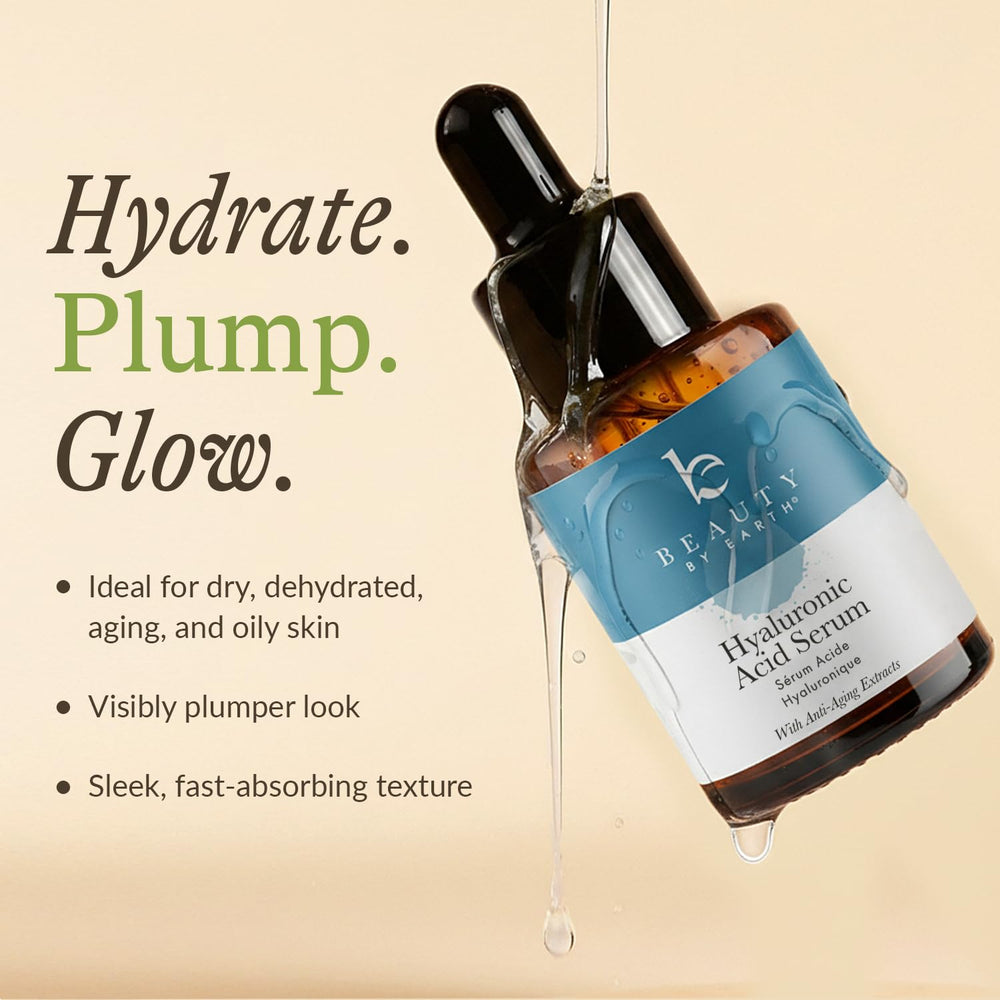 Beauty by Earth Hyaluronic Serum ingredients—organic formula supports healthy, hydrated skin.
