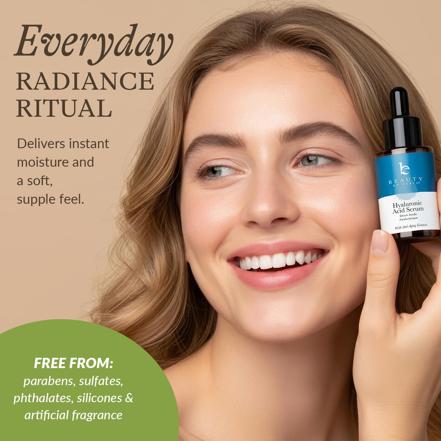 Beauty by Earth Hyaluronic Serum USA Made label—crafted in the USA with clean ingredients.