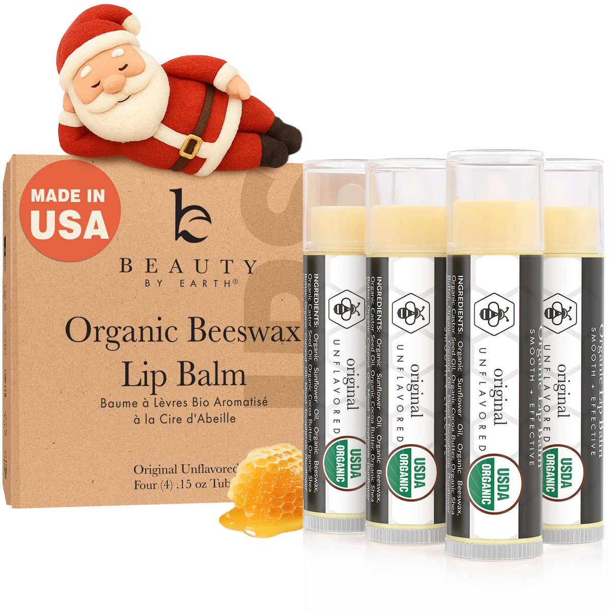 Beauty by Earth lip balm packaging highlights USA-made organic formula for daily lip care.
