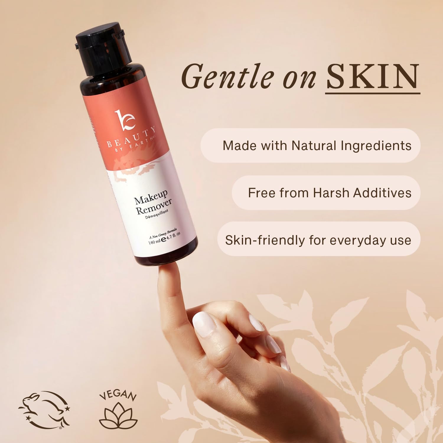 Beauty by Earth makeup remover on skin with cotton pad illustrating non-greasy finish.