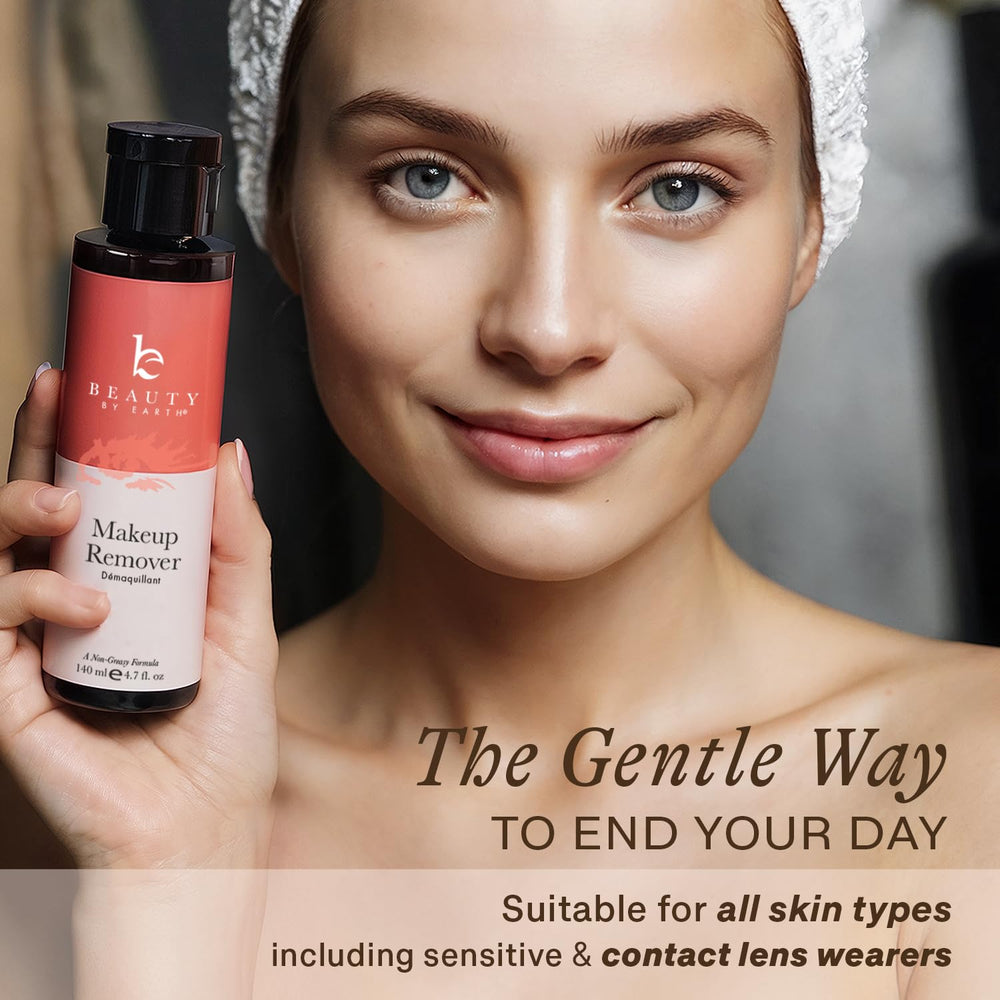 Beauty by Earth makeup remover bottle next to plants conveys vegan and cruelty-free values.