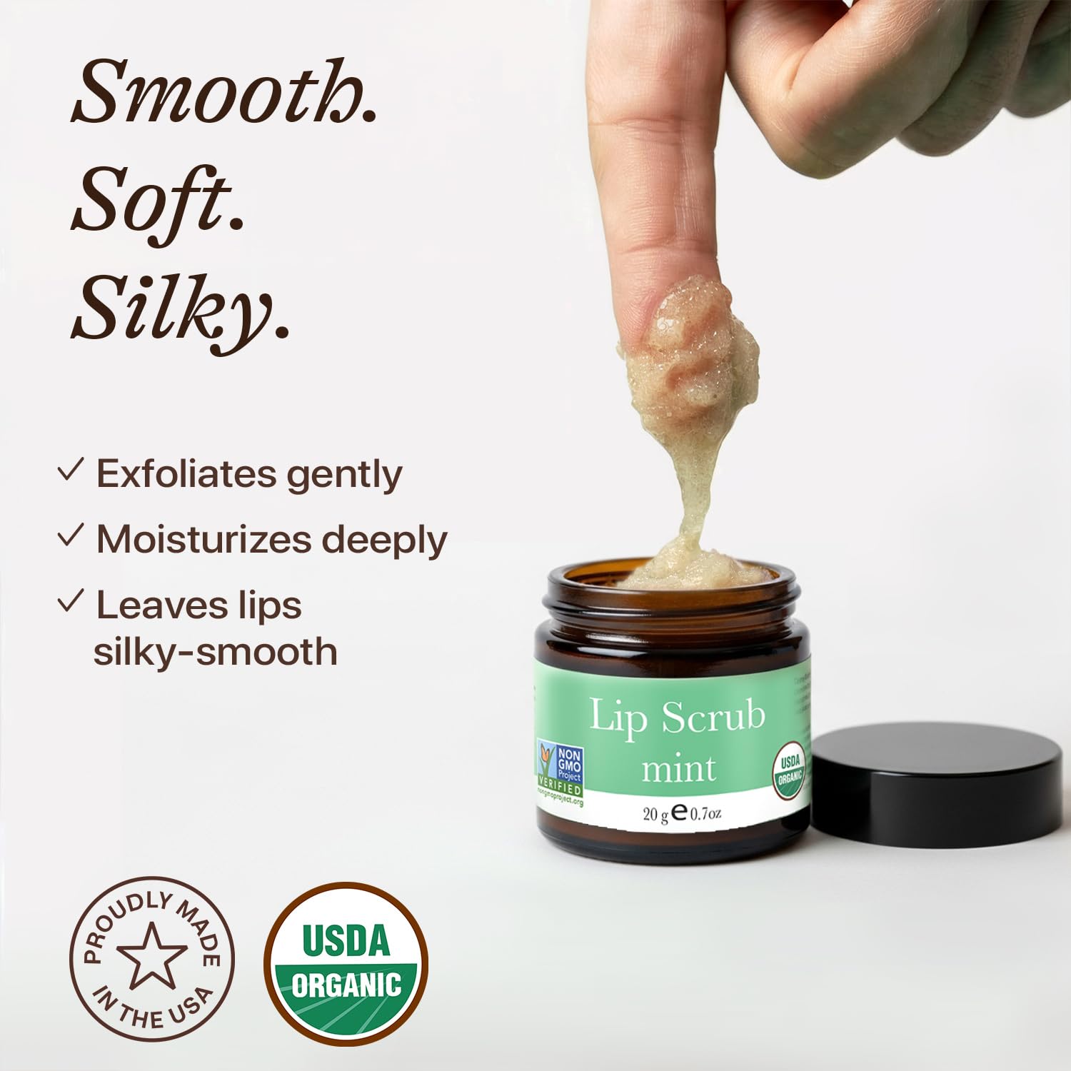 Closeup of Beauty by Earth Mint Lip Scrub texture reveals gentle non-abrasive grains.
