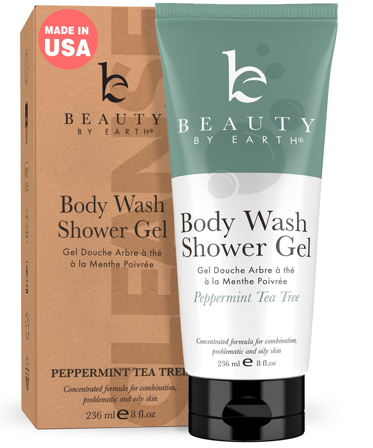 Beauty by Earth peppermint tea tree oil shower gel bottle closeup for refreshing, gentle cleanse.