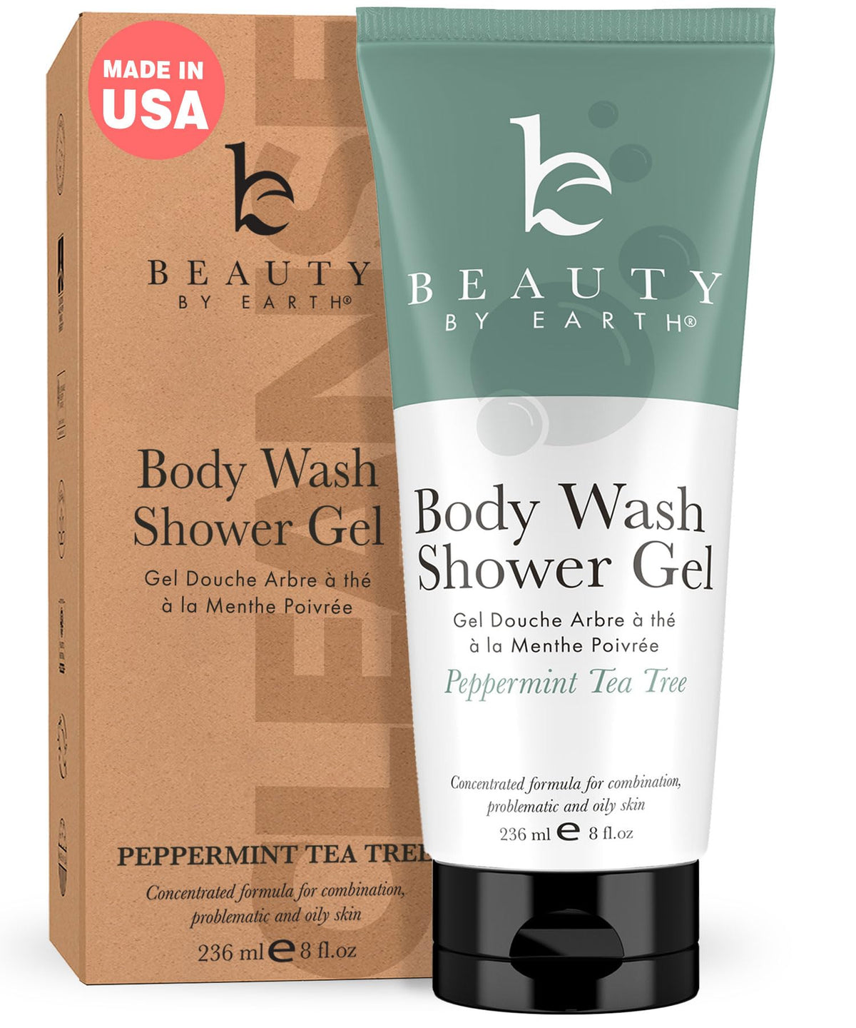 Beauty by Earth peppermint tea tree oil shower gel bottle closeup for refreshing, gentle cleanse.