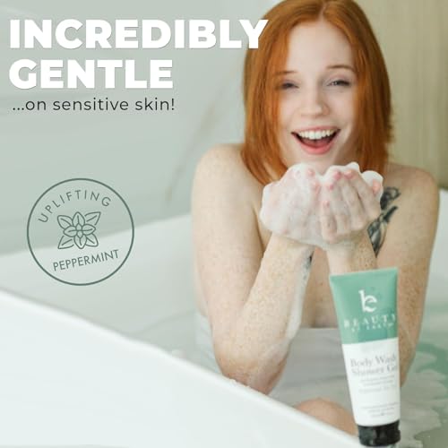 Beauty by Earth peppermint tea tree oil shower gel ingredients shown, highlighting clean US-made formula.