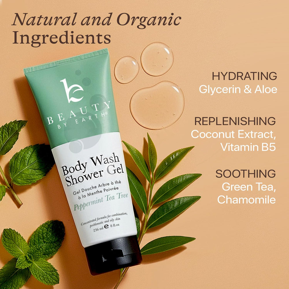 Beauty by Earth peppermint tea tree oil shower gel lathers into a rich cleansing foam.
