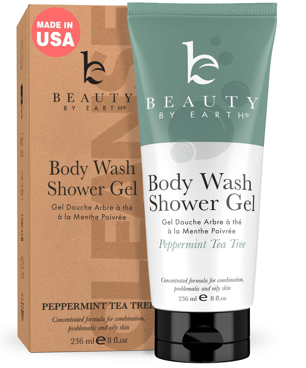 Beauty by Earth peppermint tea tree shower gel bottle highlights refreshing cleanse for sensitive skin.