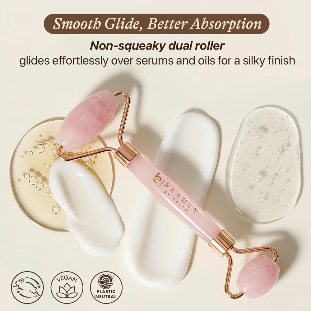 Beauty by Earth Rose Quartz Face Roller performing lymphatic drainage