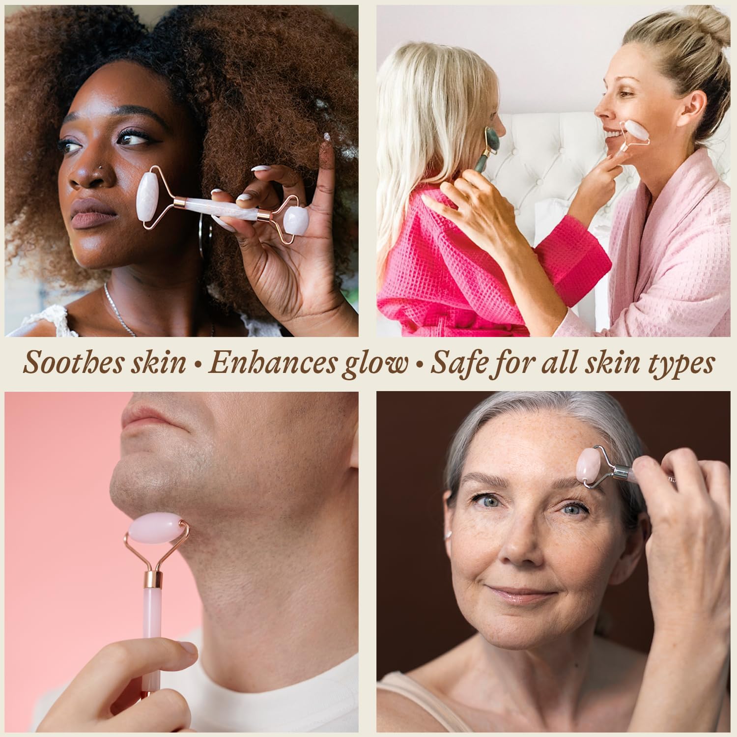 Beauty by Earth Rose Quartz Face Roller used on neck area for soothing massage