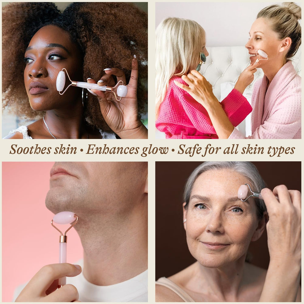Beauty by Earth Rose Quartz Face Roller used on neck area for soothing massage