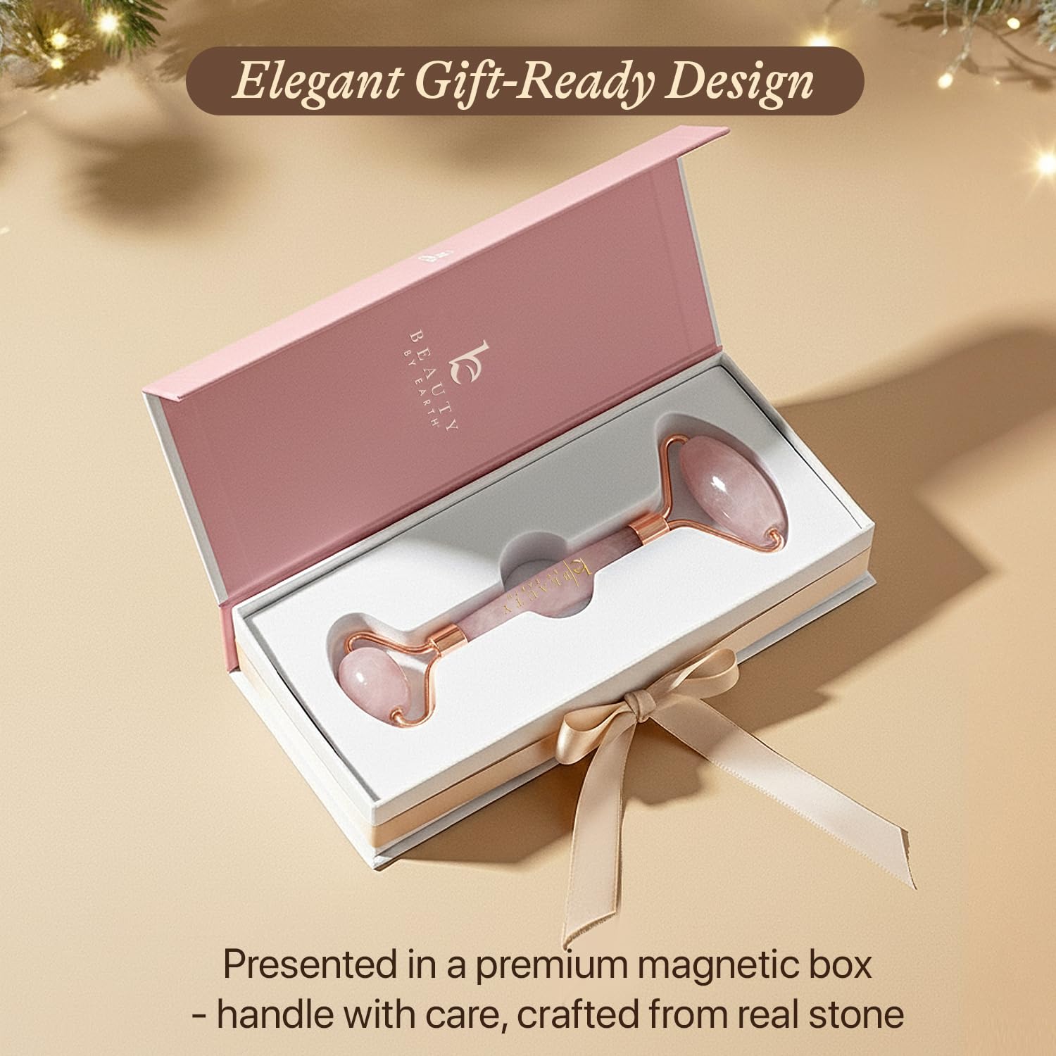 Beauty by Earth Rose Quartz Face Roller design emphasizing non-squeaky glide