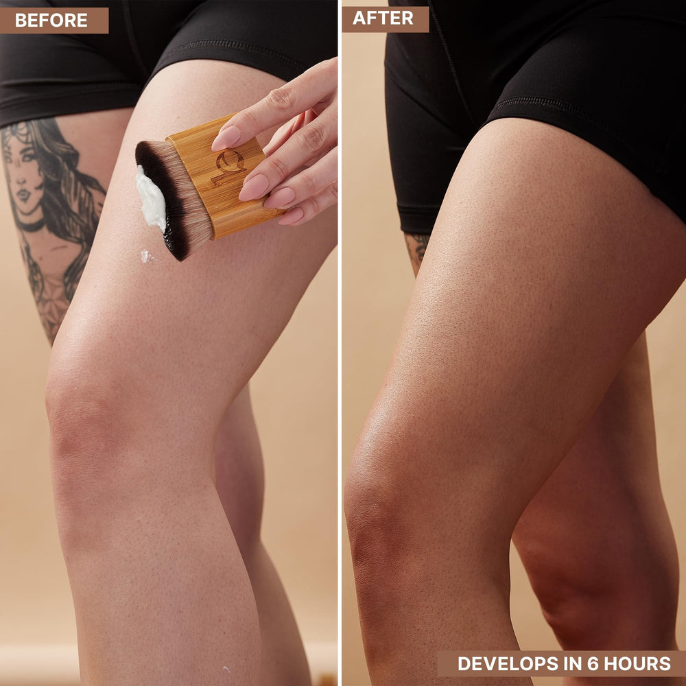 Beauty by Earth Self Tanner face-application shows seamless, skin-friendly tanning.