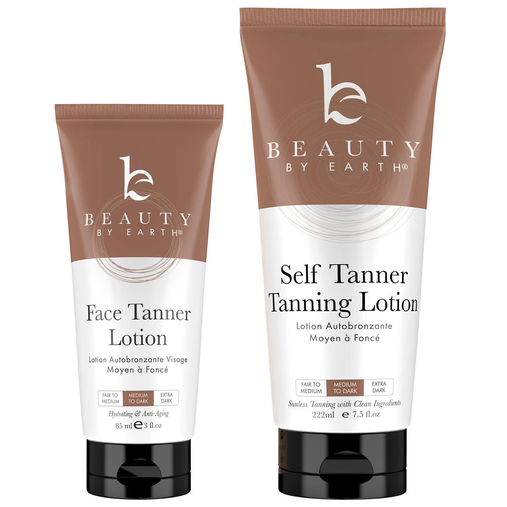 Beauty by Earth self-tanner bottle for face and body shows even glow