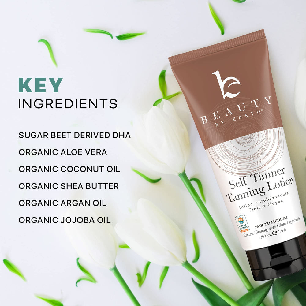 Beauty by Earth self-tanner glow comparison image suggests sunless bronze look.
