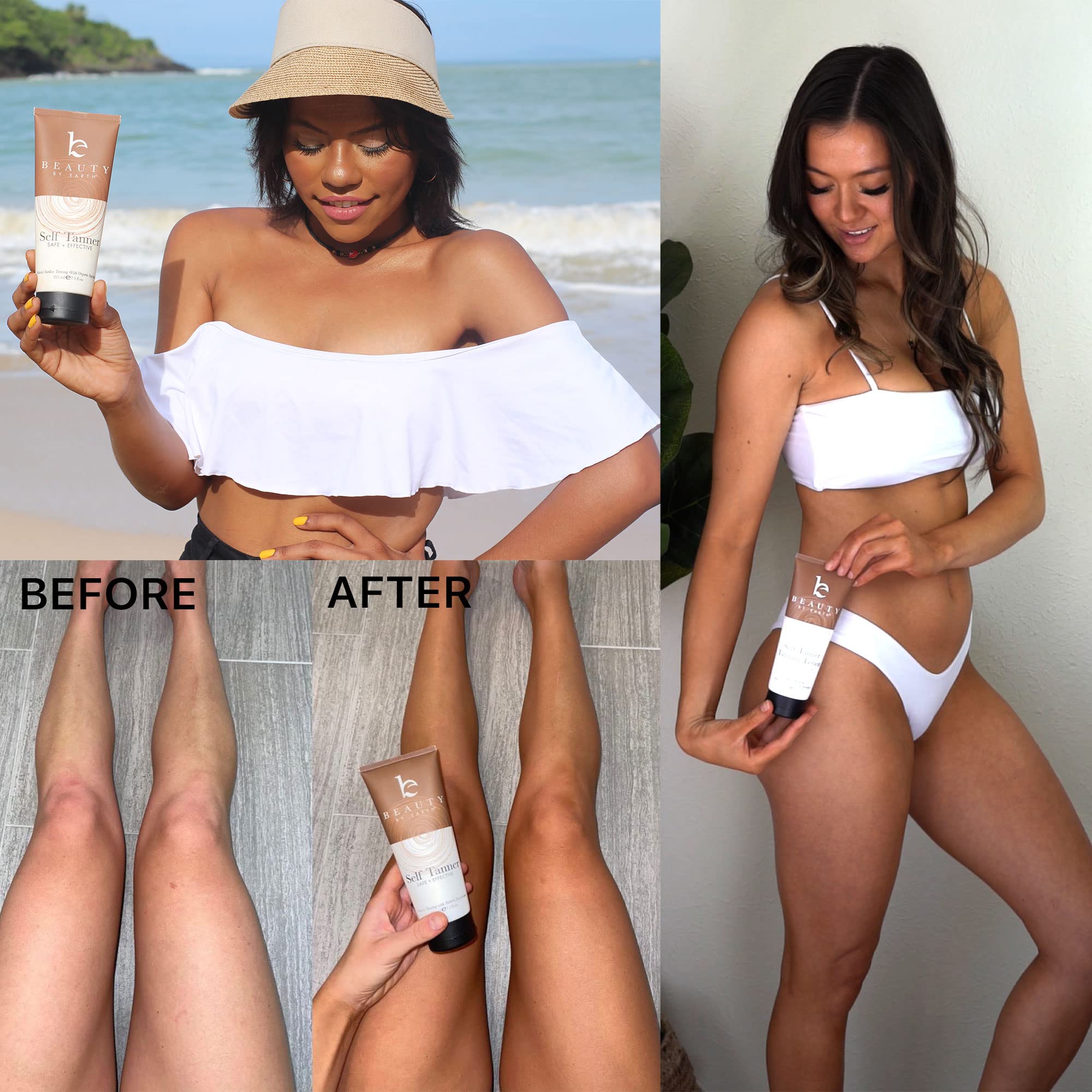 Beauty by Earth self-tanner streak-free application demonstrates natural tan result.