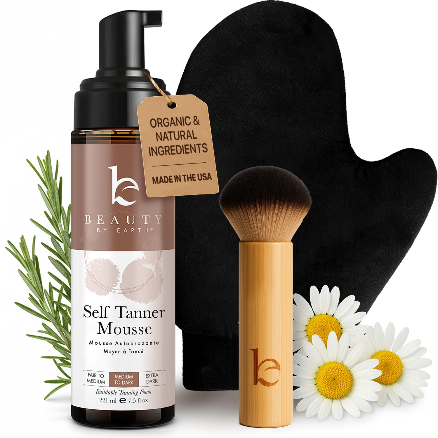 Beauty by Earth self-tanner kit mousse-foam shows smooth, streak-free sunless glow.