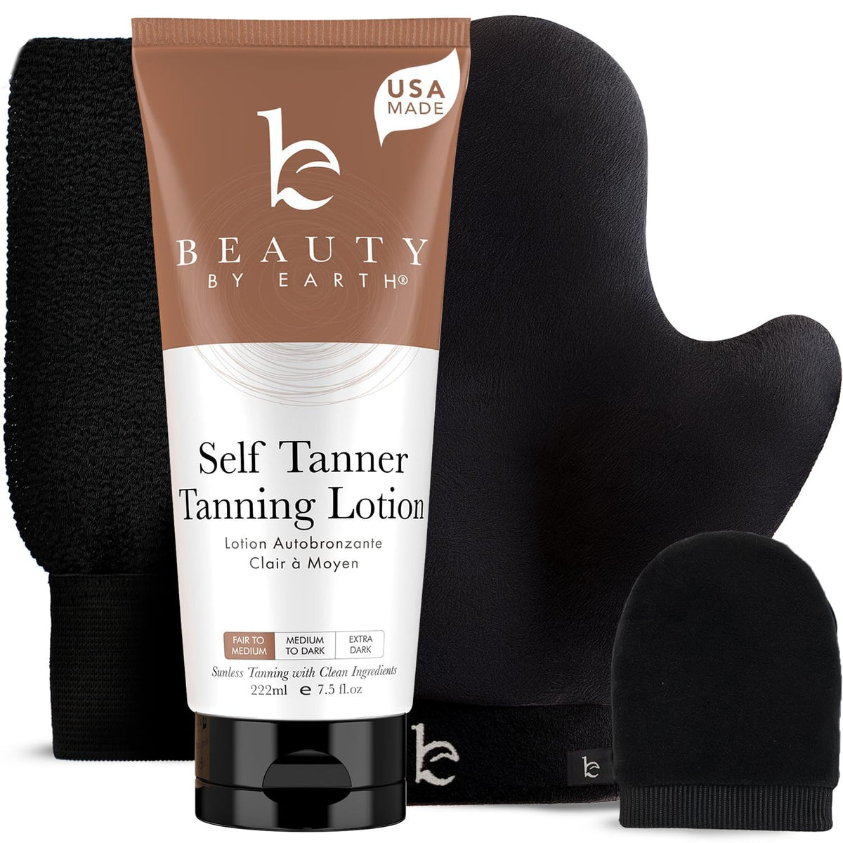Beauty by Earth self-tanner lotion bottle demonstrates a natural, streak-free tan option.