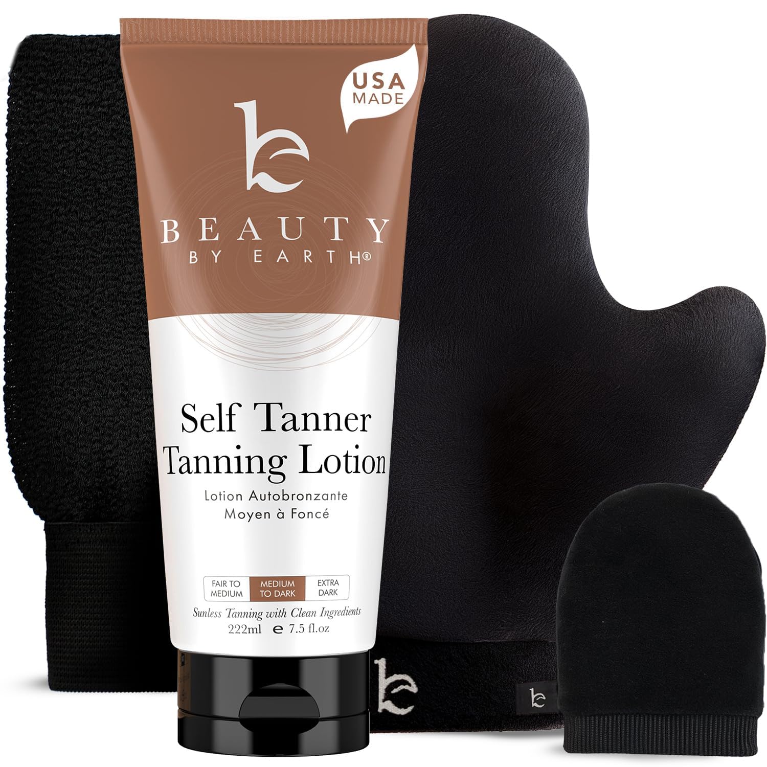 Beauty by Earth self-tanner lotion bottle with gradual color for natural-looking glow.