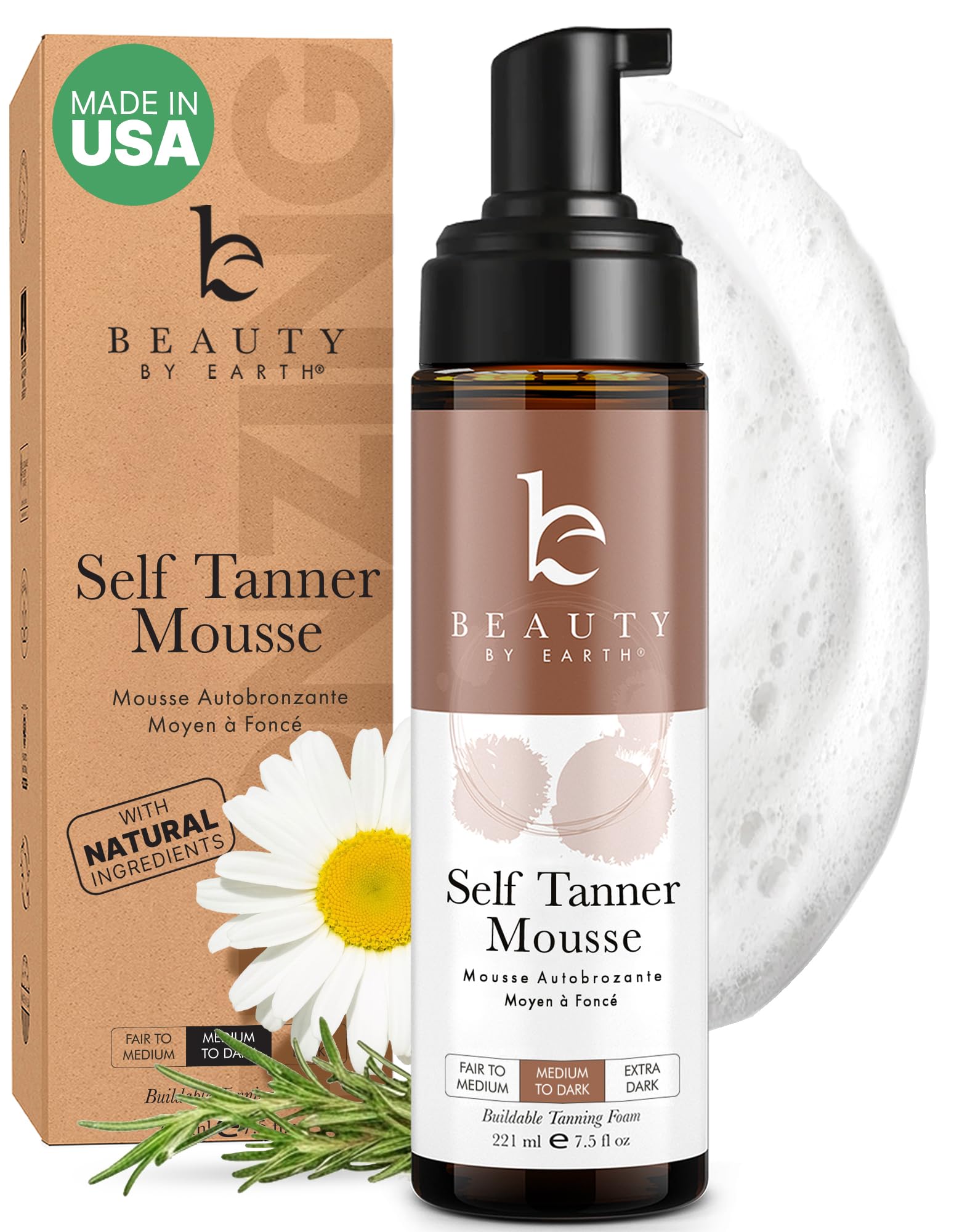 Beauty by Earth Self Tanner Mousse bottle shows USA-made clean ingredients for a natural glow