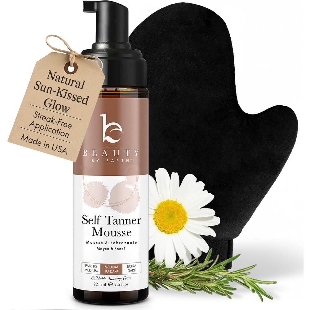 Beauty by Earth self-tanner mousse bottle showing natural, streak-free color development