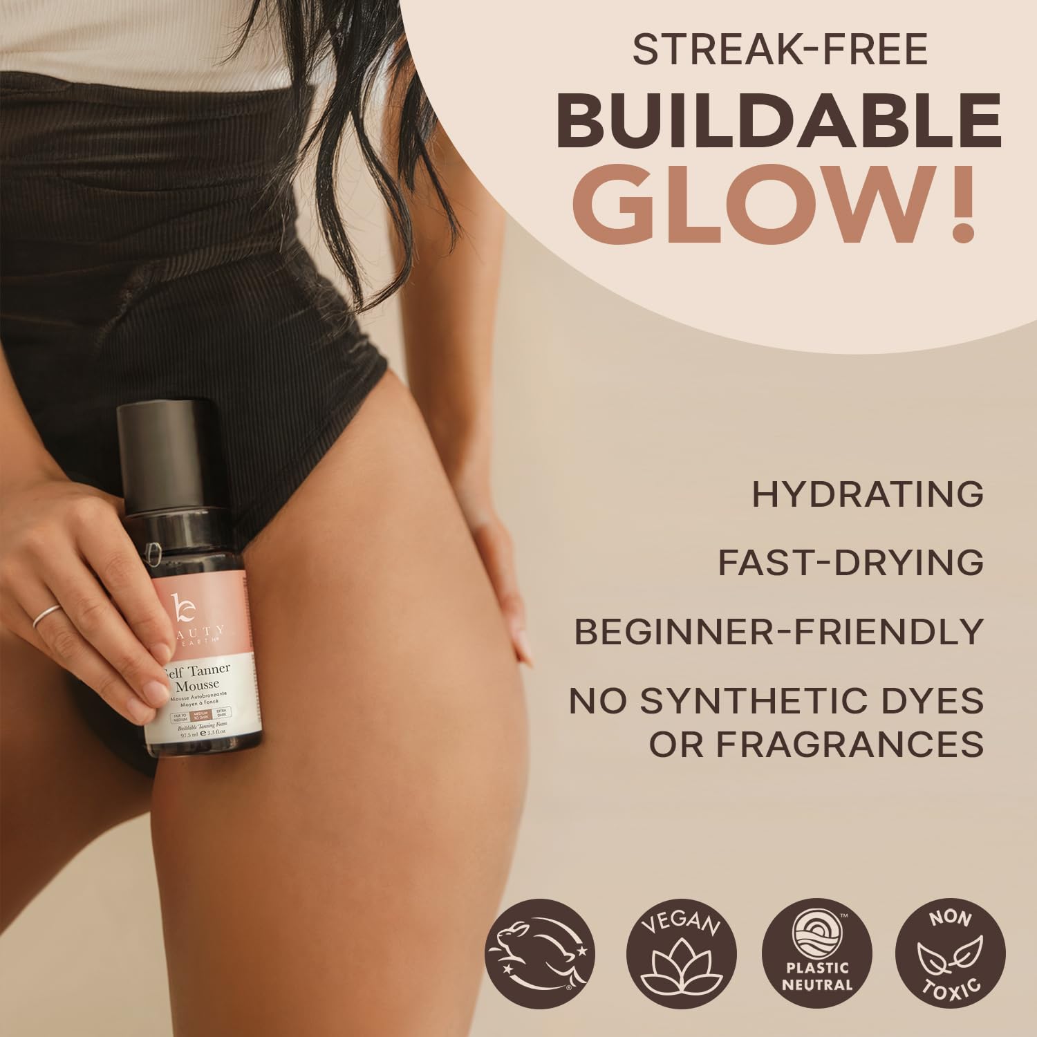 Beauty by Earth Self Tanner Mousse quick-dry swatch illustrates streak-free finish.