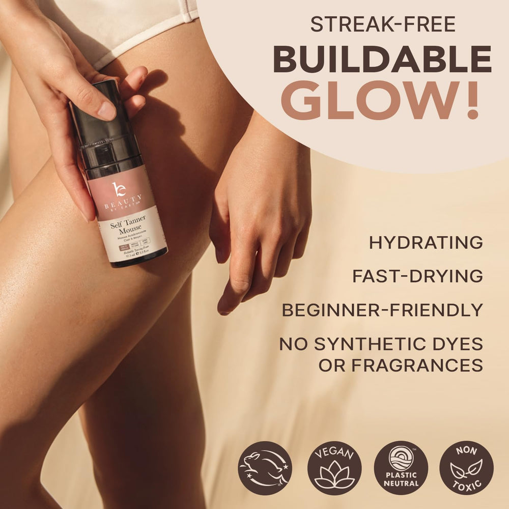 Beauty by Earth Self Tanner Mousse provides natural-tone glow without orange hues.