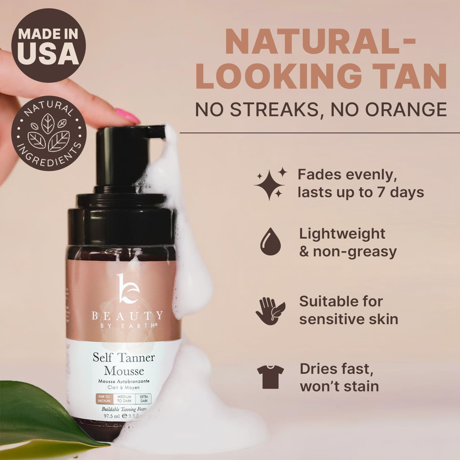 Beauty by Earth Self Tanner Mousse delivers streak-free finish on every skin tone.
