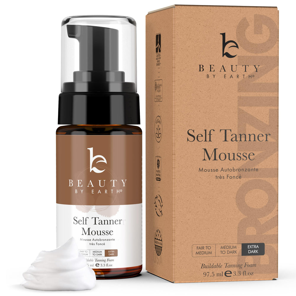 Beauty by Earth Self Tanner Mousse Ultra Dark bottle pour shows quick bronze development