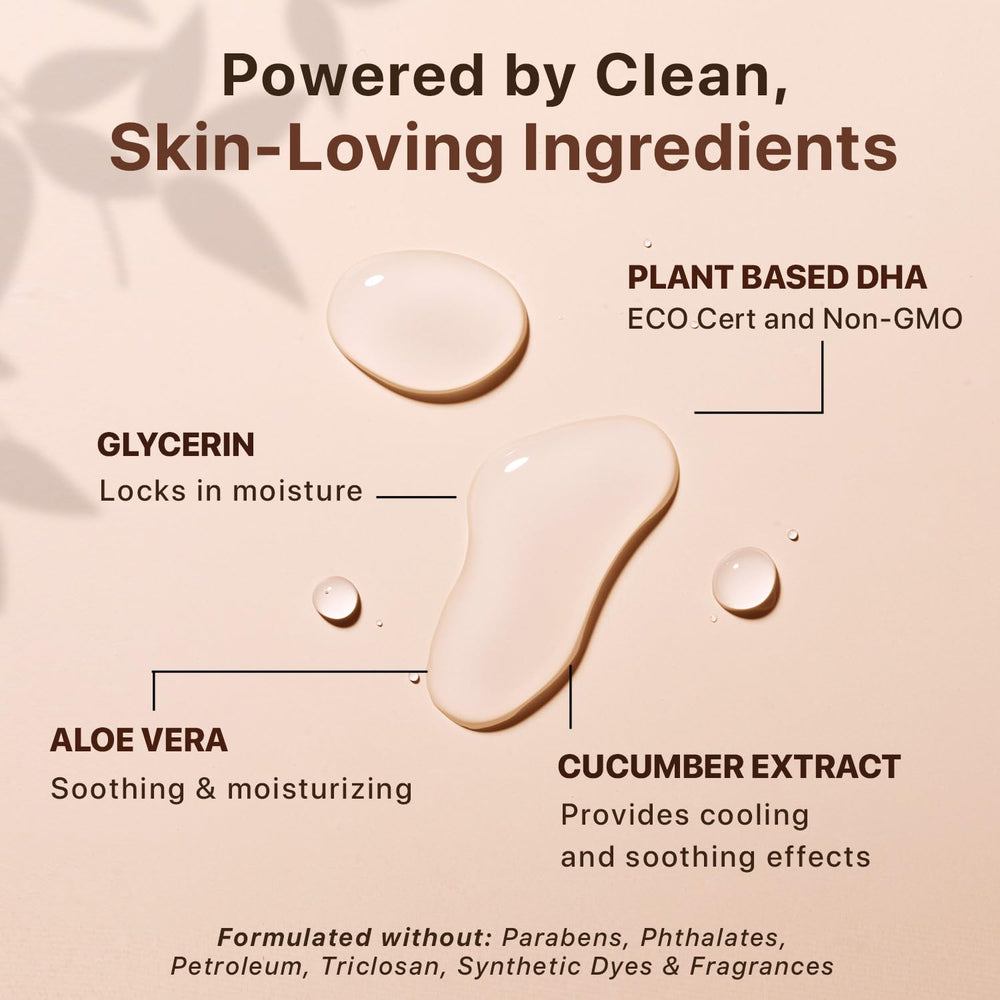 Beauty by Earth quick-dry spray paired with exfoliating glove for even, streak-free results