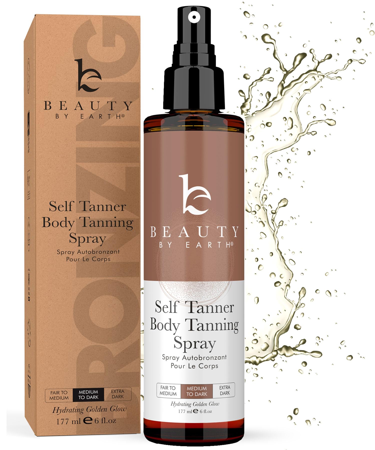 Beauty by Earth spray bottle demonstrates quick-drying sunless tan for natural-looking color