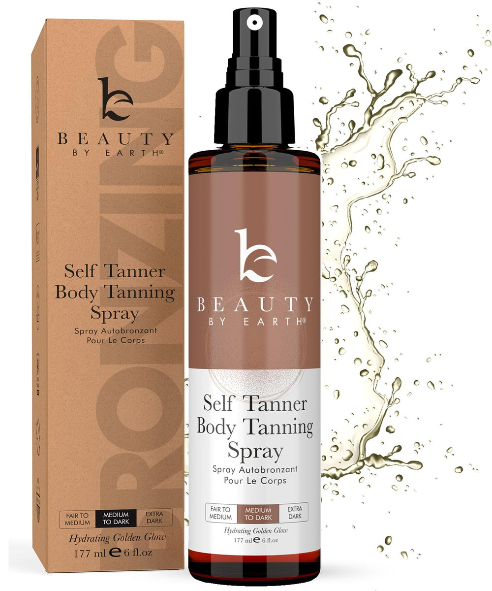 Beauty by Earth spray bottle demonstrates quick-drying sunless tan for natural-looking color