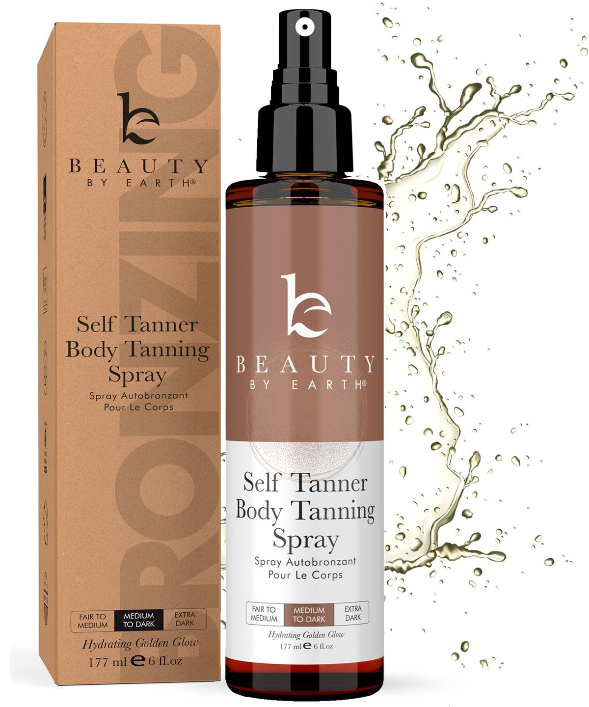Beauty by Earth spray bottle demonstrates quick-drying sunless tan for natural-looking color