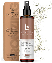Beauty by Earth spray bottle demonstrates quick-drying sunless tan for natural-looking color