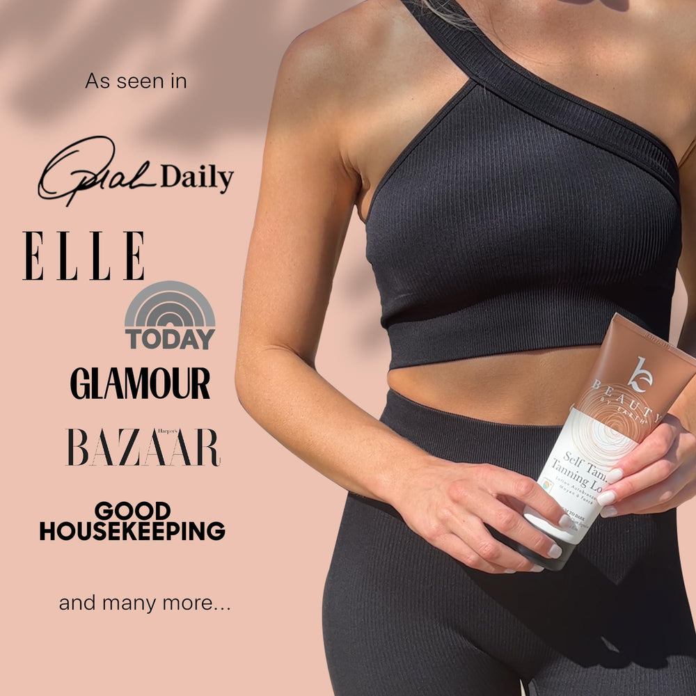 Beauty by Earth Self Tanner ultimate-results closeup hints lasting, subtle sun-kissed color.