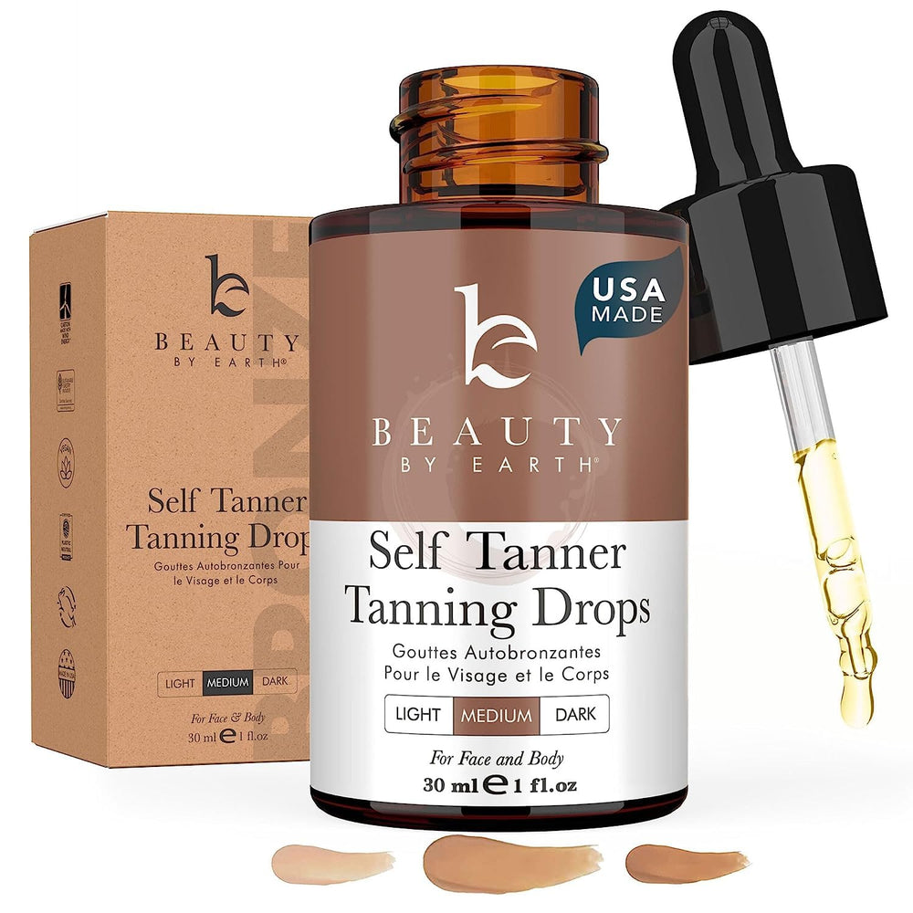 Beauty by Earth self tanning drops bottle shows natural color