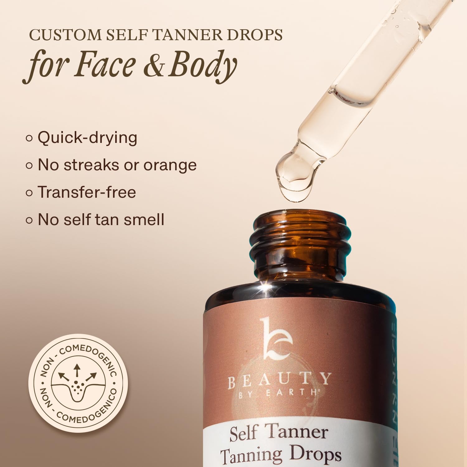 Beauty by Earth self-tanning-drops-face-apply-on-cheek illustrates smooth, streak-free color