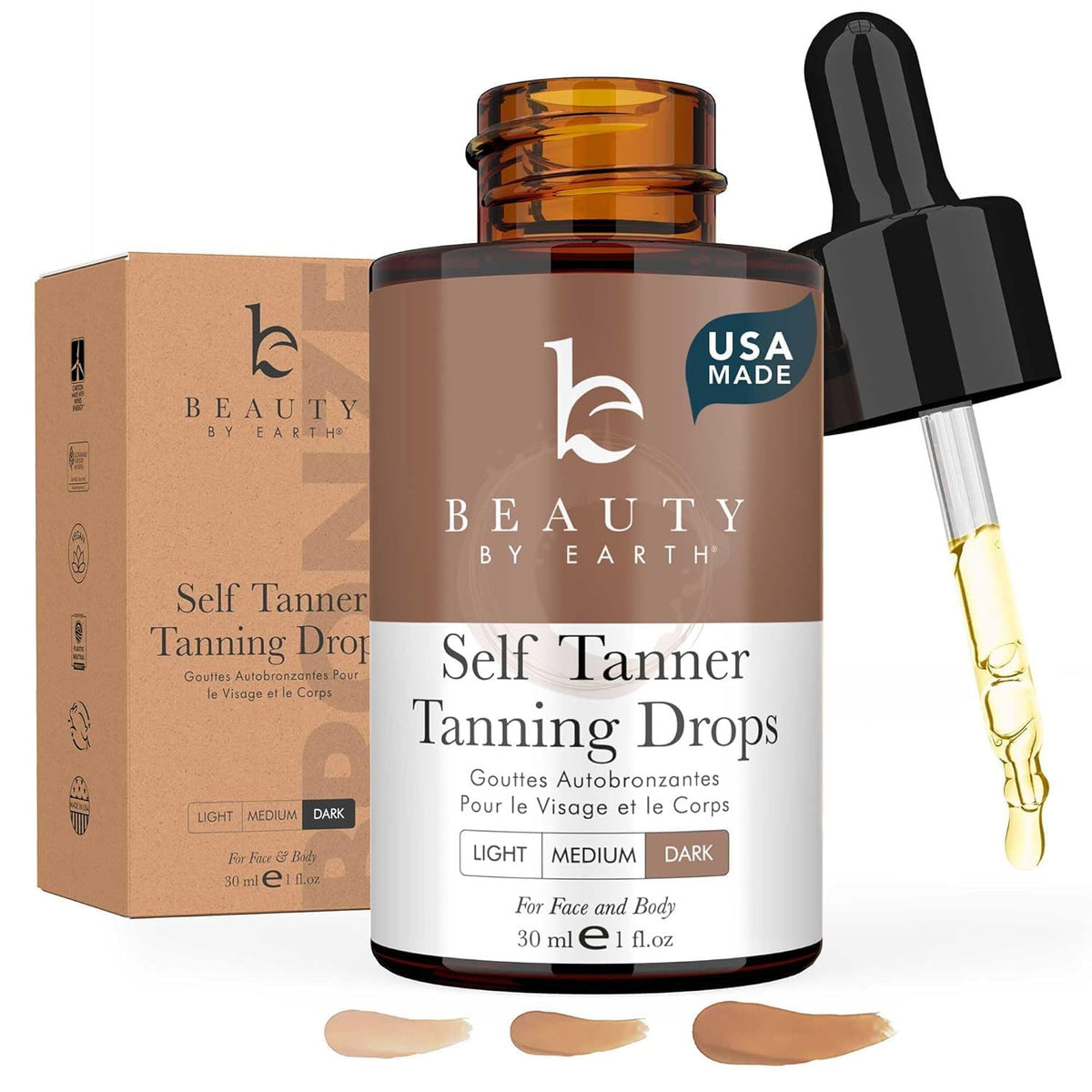 Beauty by Earth self tanning drops face bottle closeup showing deep bronze glow for skin