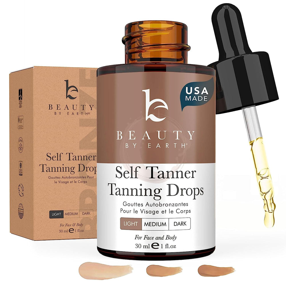 Beauty by Earth self-tanning drops face bottle-pump shows easy-dispense for gradual bronze