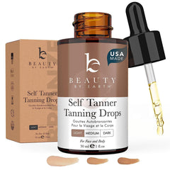 Beauty by Earth self-tanning drops face bottle-pump shows easy-dispense for gradual bronze