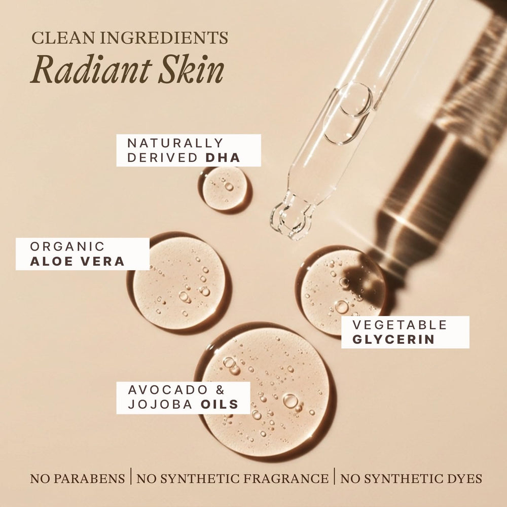 Beauty by Earth self tanning drops face with drops showing usage instructions