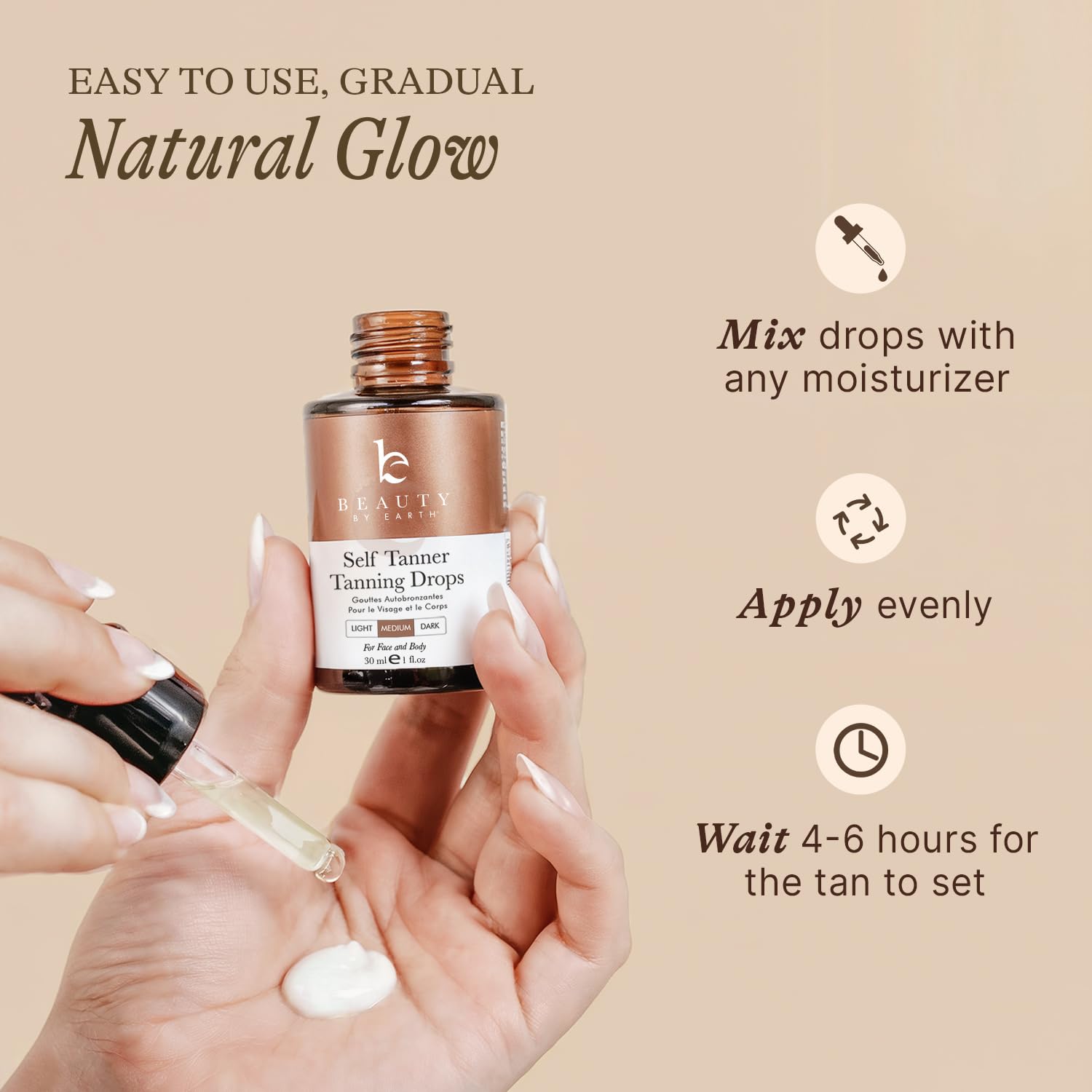 Beauty by Earth self tanning drops usa-made label highlights clean beauty