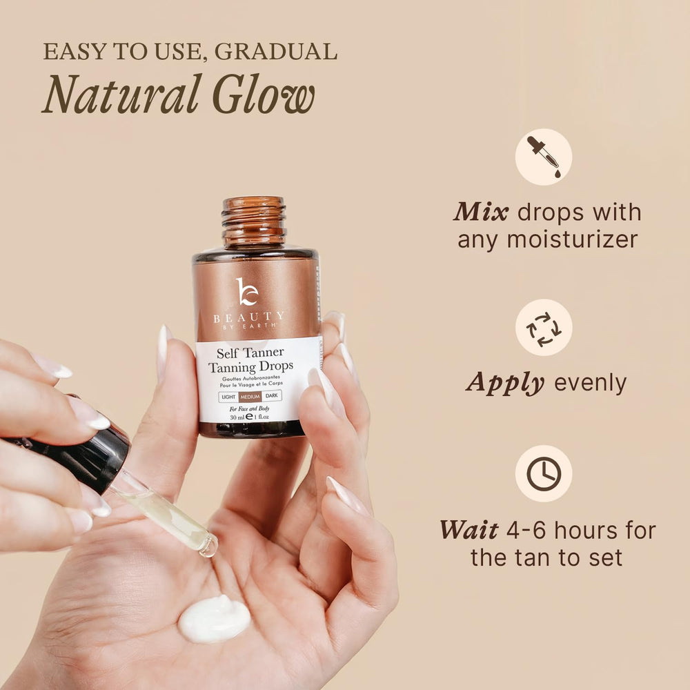 Beauty by Earth self tanning drops usa-made label highlights clean beauty