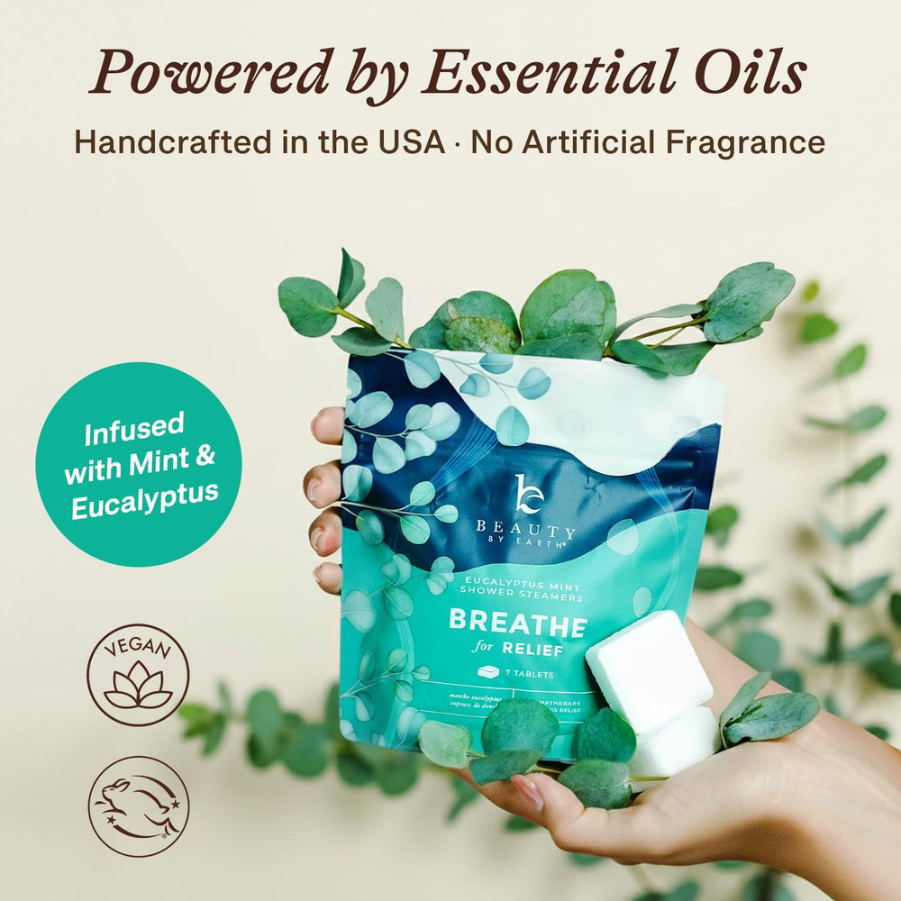 Beauty by Earth shower steamer eucalyptus-menthol release shown for aroma.